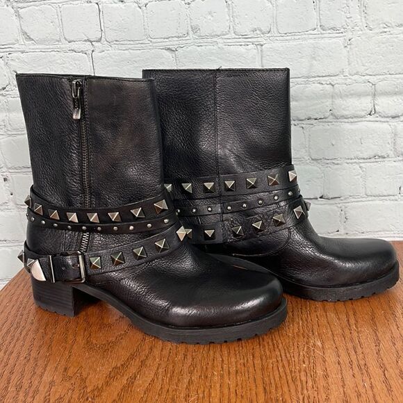 BCBGeneration Shoes - BCBG Leather Buckram Option HEELED LOW BOOTS w/studs & buckles like new